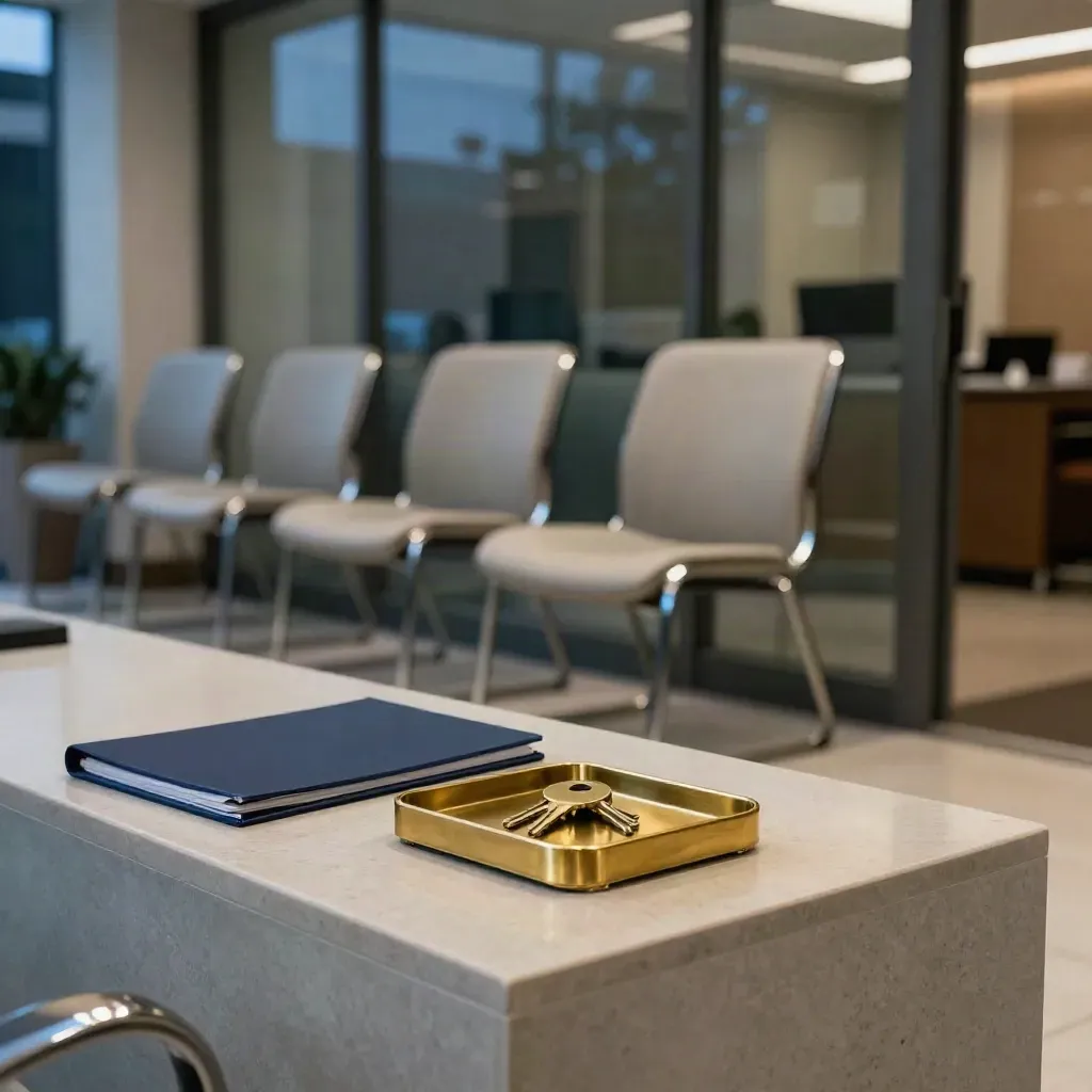 Empty mortgage closing lobby with chairs, brass key tray, and a binder in blue-hour light