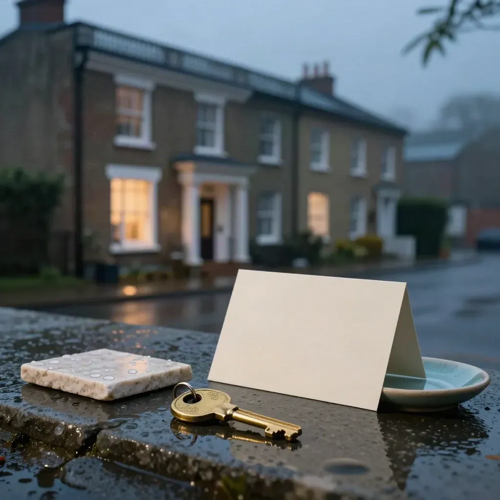 Brass key, tiny rowhouse facade, stone sample and dish on a wet limestone terrace at dawn