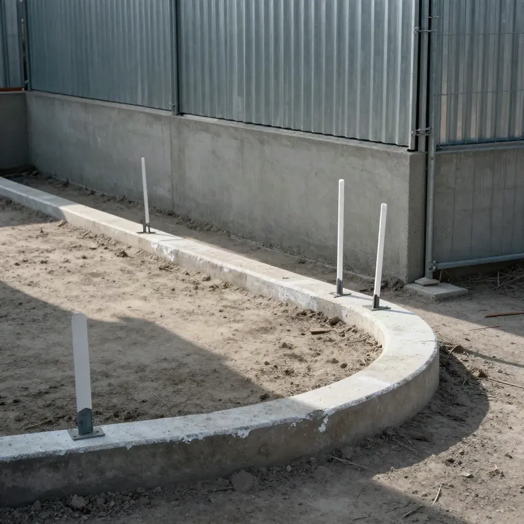Ground-level construction fence, setback stakes, and a foundation wall as cloud shadow crosses white boundary lines.