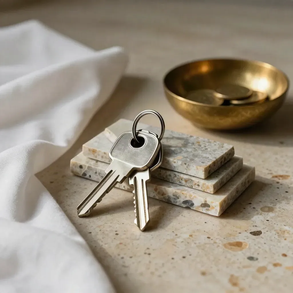 Keys, stone samples, and a brass bowl on sunlit travertine