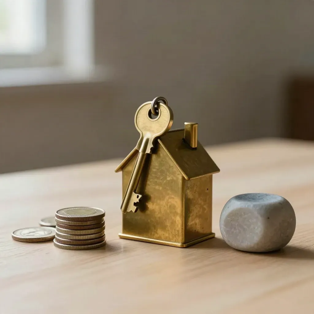 House-shaped brass weight, key, coins, and stone paperweight on pale wood in soft side light.